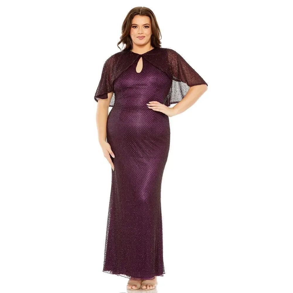 Mac Duggal NWT size 18W beaded formal gown with cape sleeves style 5948 Amethyst